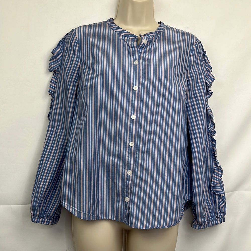 Madewell blue and red striped cotton mandarin collar blouse size small EUC